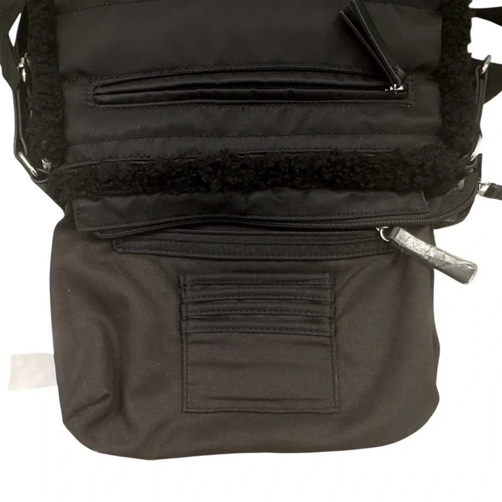 Aspen Quilted Nylon Black Faux Shearling Sherpa Crossbody Bag with Pouch Wallet